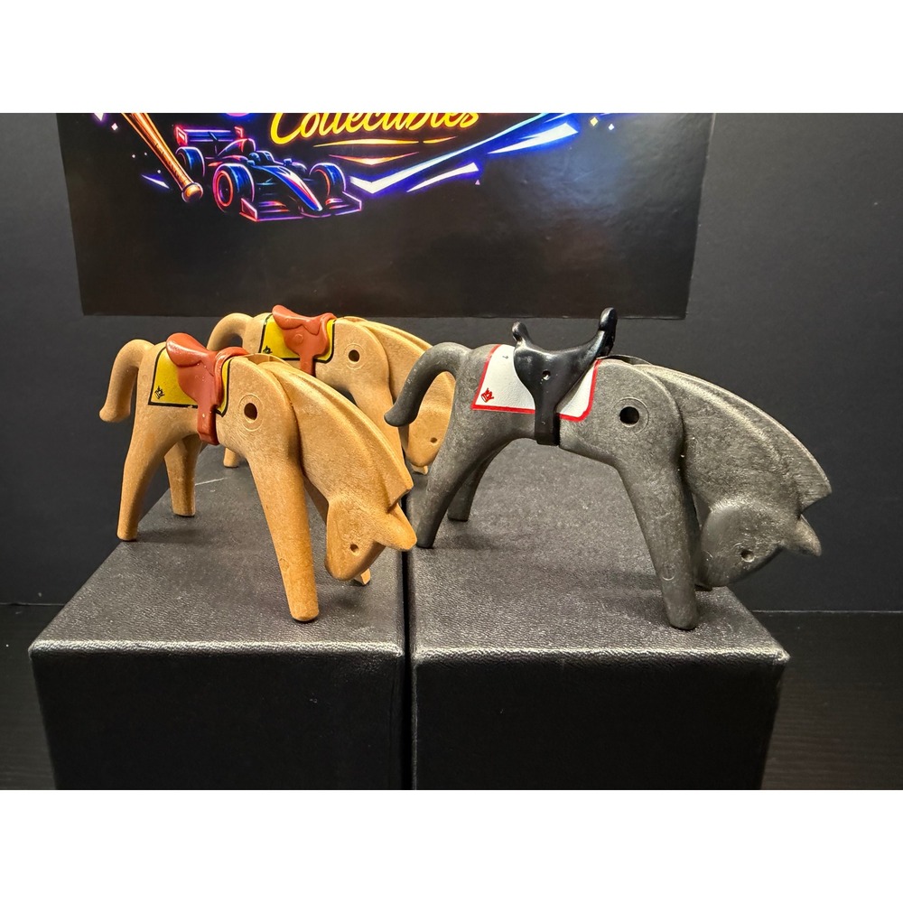 Vintage Playmobil Horse Figures Lot of 3 Articulated Tan and Grey with Saddles
